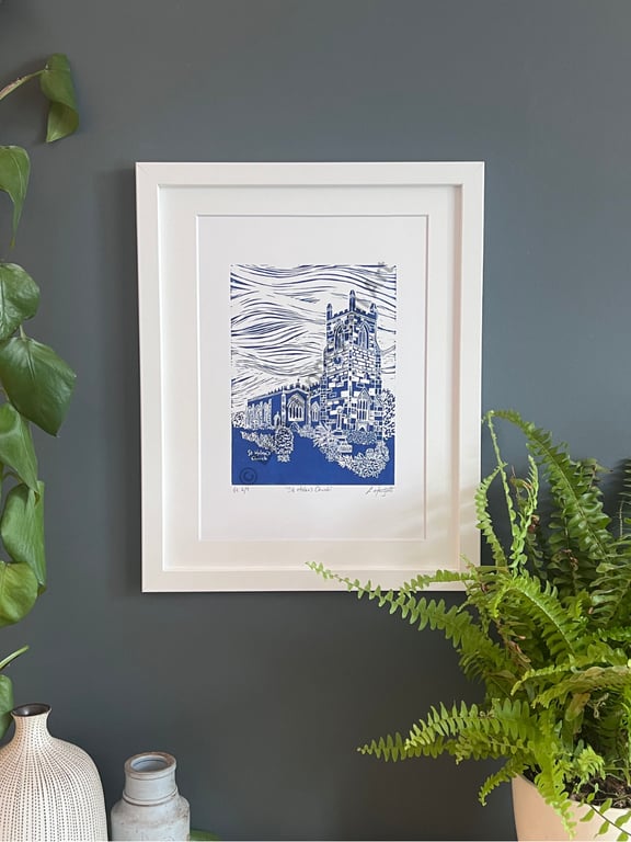 St Helens Church, Limited Edition Lino Print in Blue (A4)