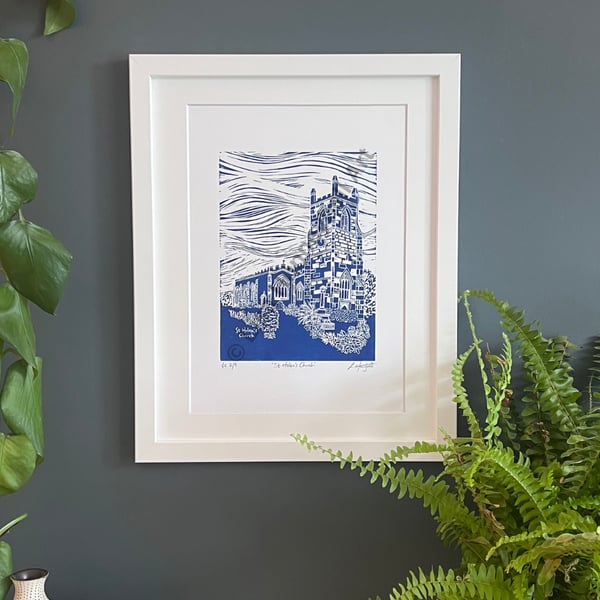 St Helens Church, Limited Edition Lino Print in Blue (A4)