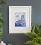 St Helens Church, Limited Edition Lino Print in Blue (A4)