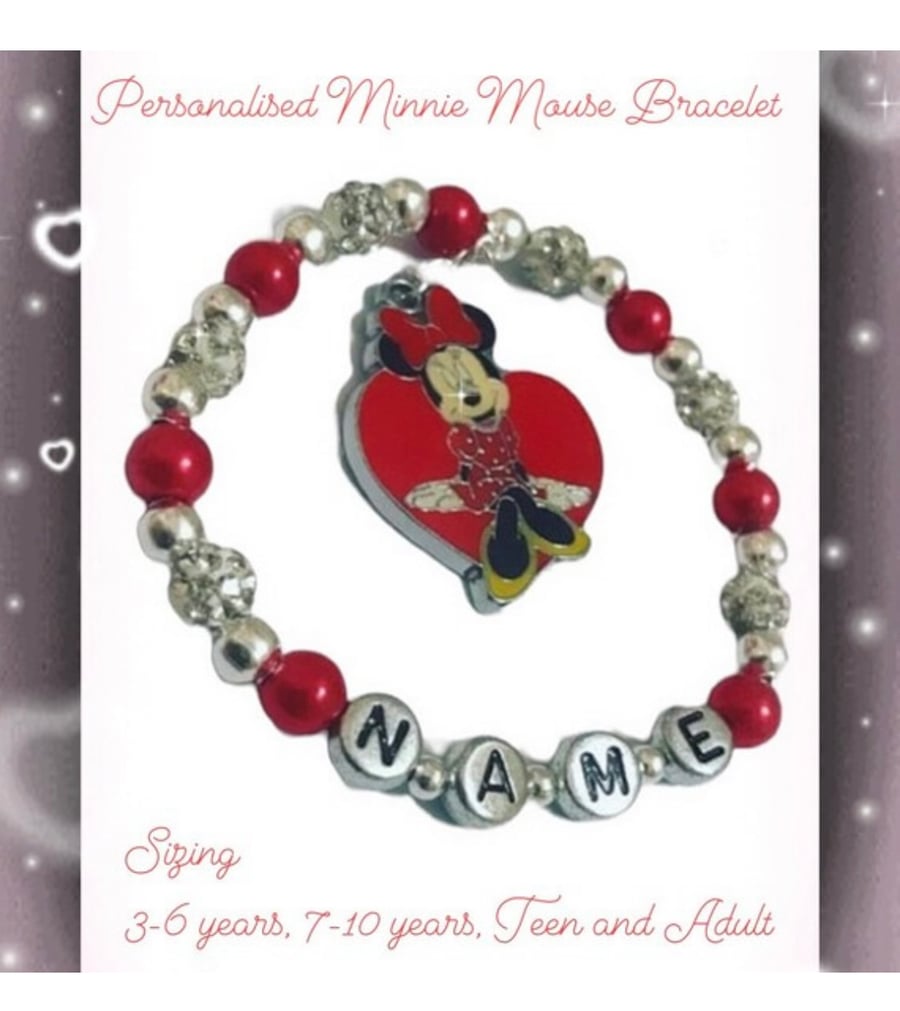 Minnie mouse red and shamballa personalised bracelet gift toddler adult sizes