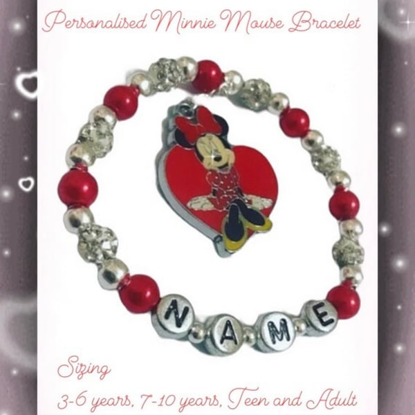 Minnie mouse red and shamballa personalised bracelet gift toddler adult sizes