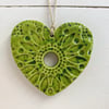 Small Pottery heart decoration speckled green