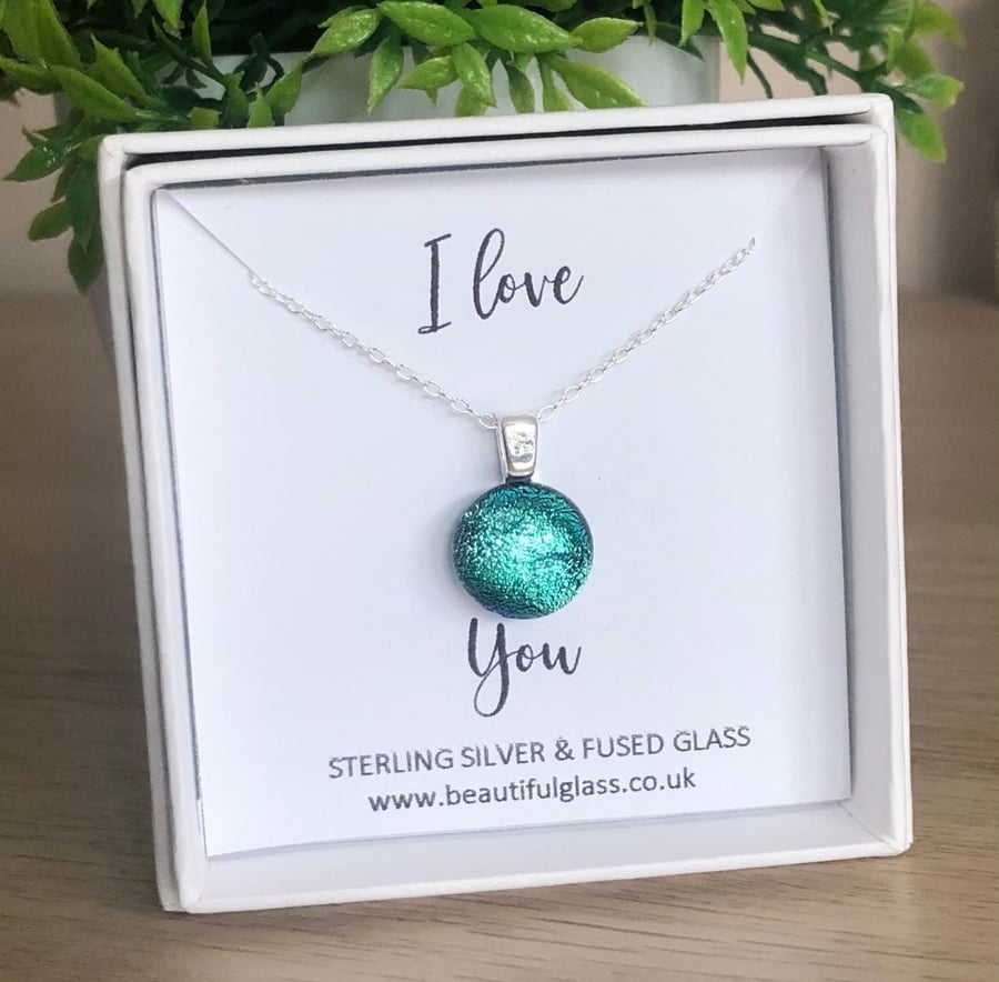 I love you quote necklace, dichroic fused glass, sterling silver gift 