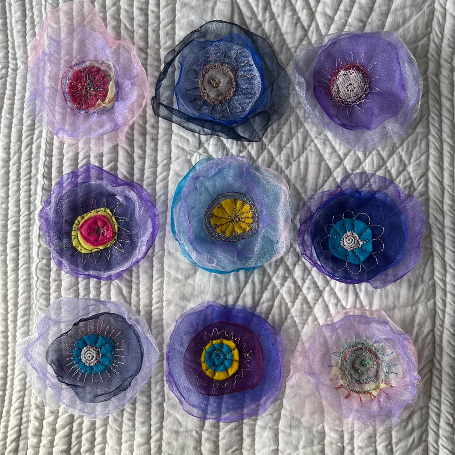 Nine Organza Embroidered Flower Embellishments 