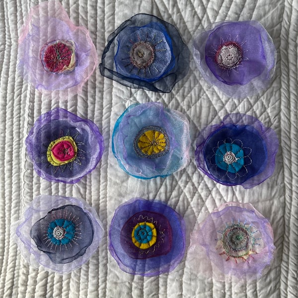 Nine Organza Embroidered Flower Embellishments 