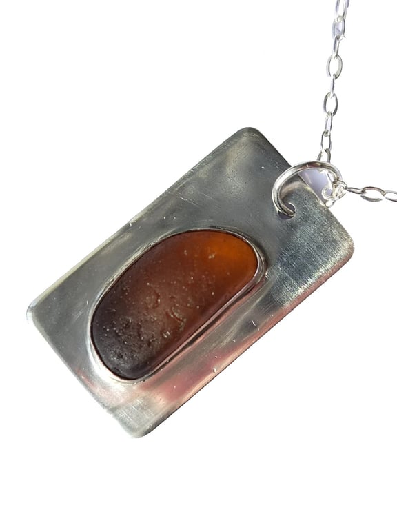 Seaglass Necklace Sterling Silver .925 Jewellery Gift Brown Handmade in Cornwall