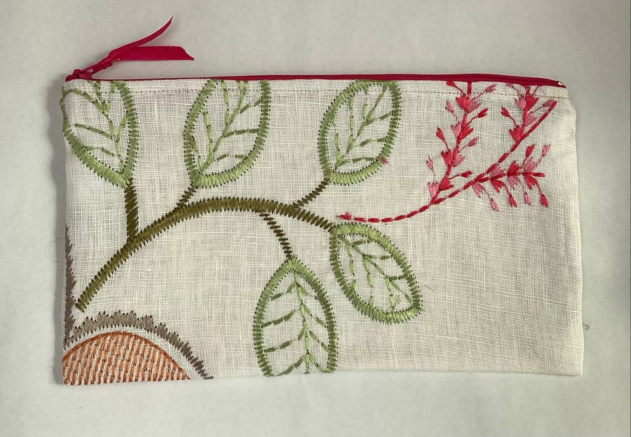 Zipped make up bag or pencil case embroidered cream linen