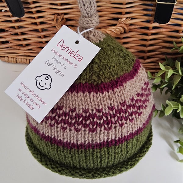 Designer Baby Knotted Fairisle Rolled Beanie Hat 0 - 6  months size 