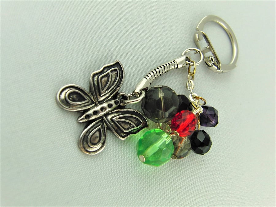 Silver Butterfly Charm and Multi Coloured Crystal Key Ring
