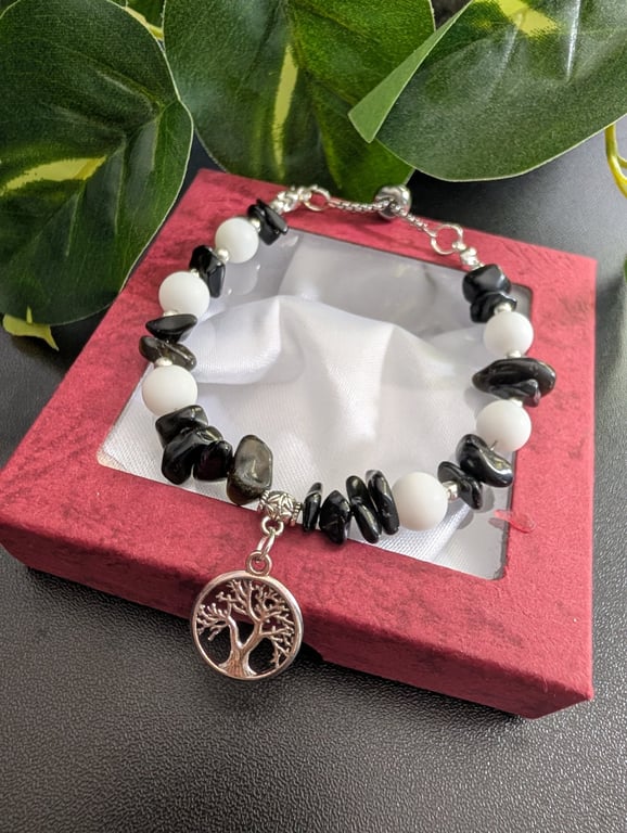Handmade Tree of Life Gemstone Bracelet – Black Obsidian & White Agate
