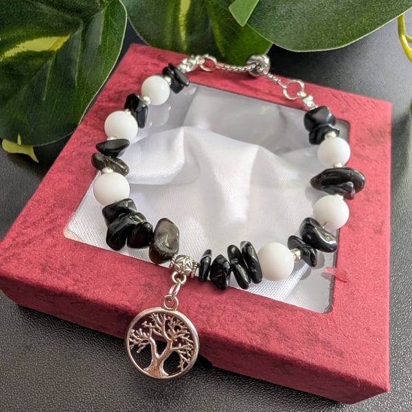 Handmade Tree of Life Gemstone Bracelet – Black Obsidian & White Agate