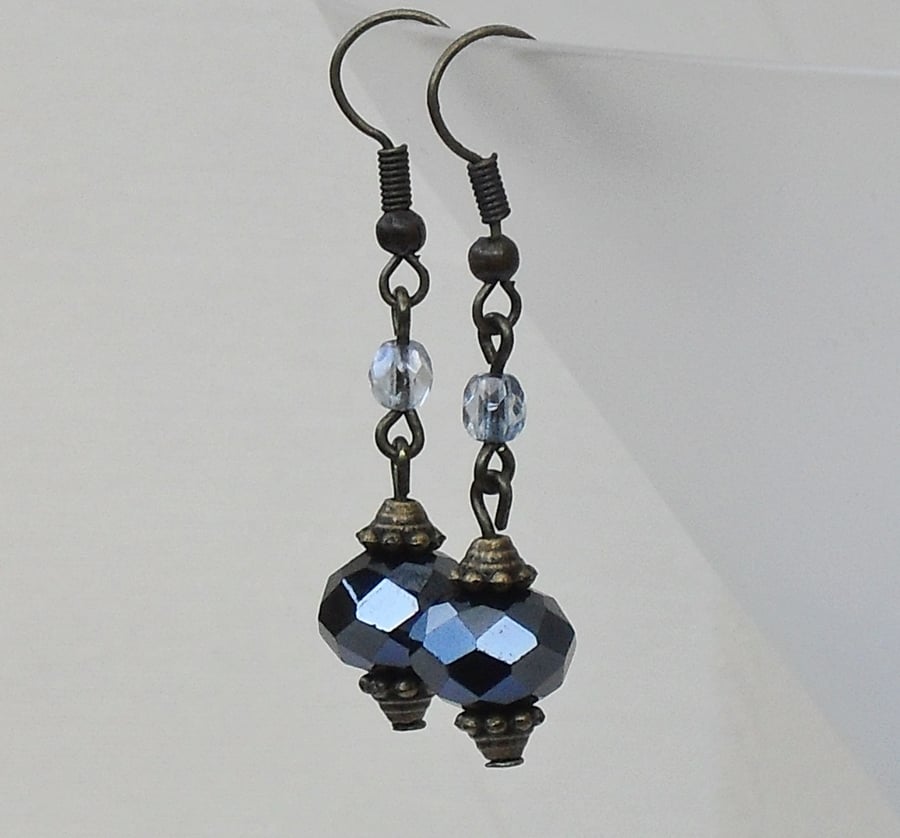 Jet black and blue crystal vintage style earrings