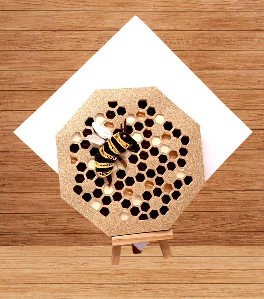 Striking octagonal layered honeycomb and quilled bee blank card