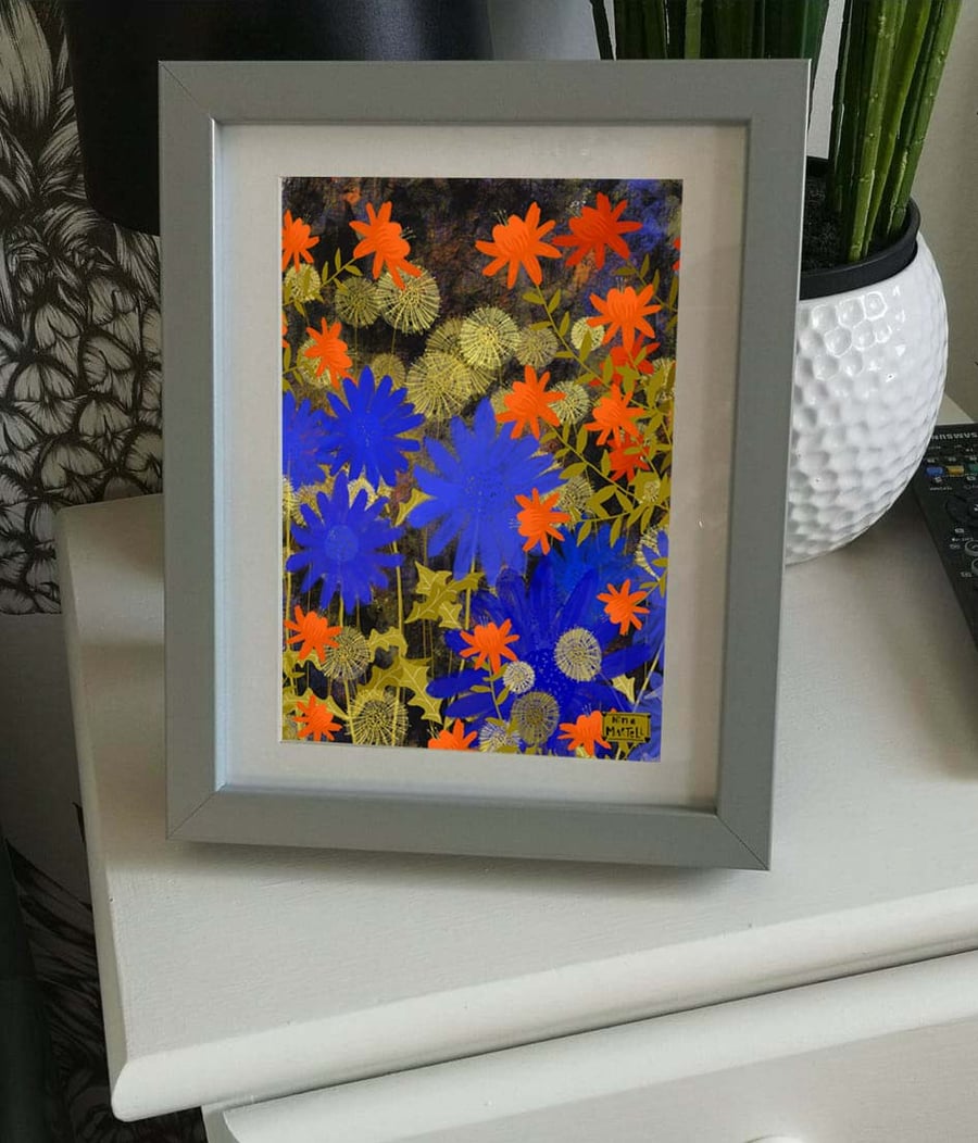 Floral  Print. A4.  Azure and orange Flowers by Nina Martell