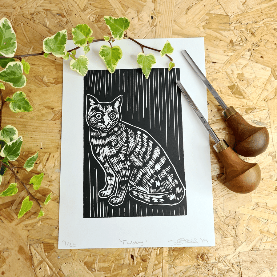 Tabby Cat Handprinted linoprint a5 on white paper