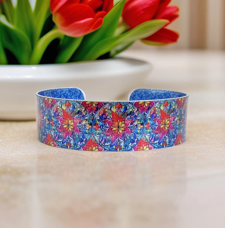Mandala jewellery bangle, red blue cuff bracelet. Can be personalised (M11)
