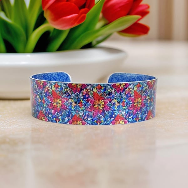Mandala jewellery bangle, red blue cuff bracelet. Can be personalised (M11)