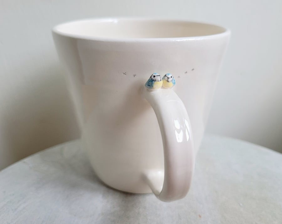 Ceramic blue tit couple cup with footprints, blue birds handmade gift mug