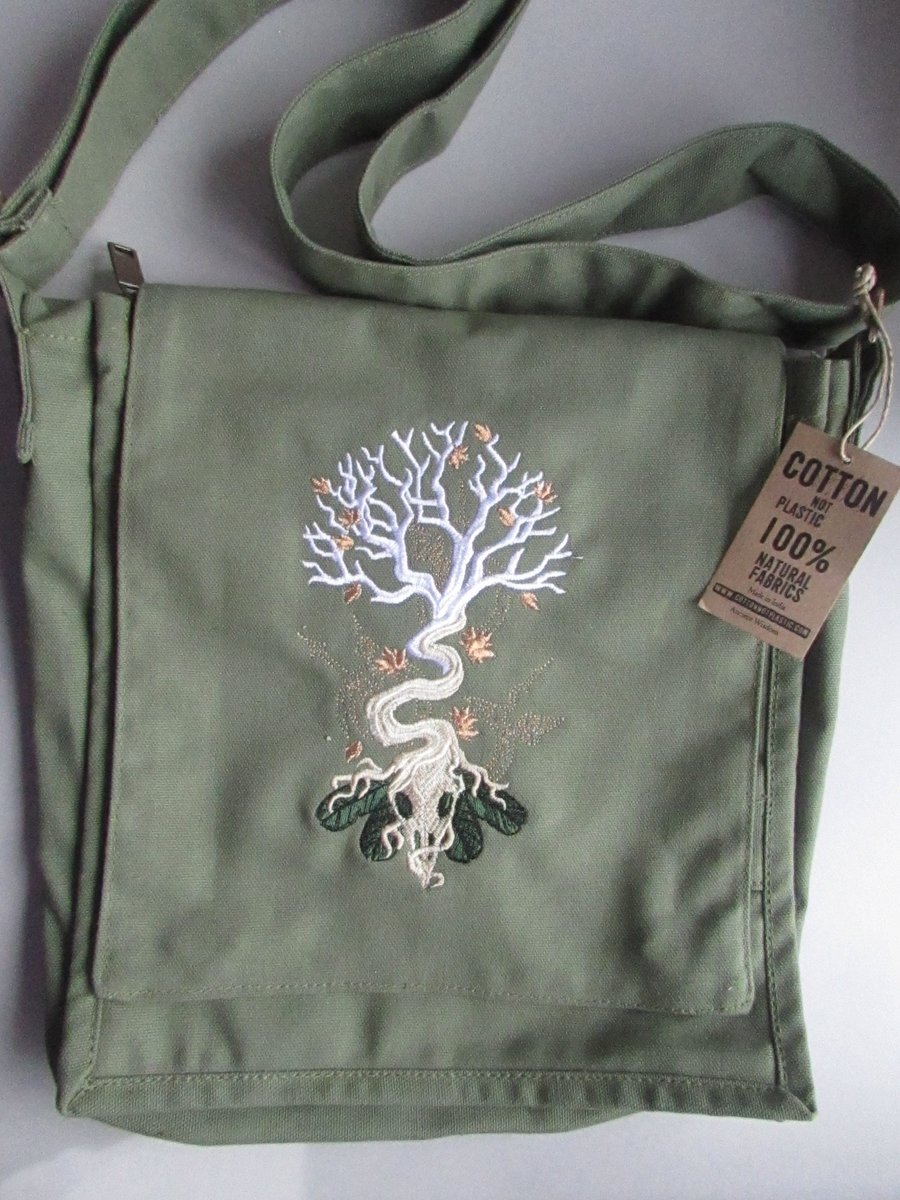 Embroidered Tree and Skull Design Eco Cotton Canvas Bag