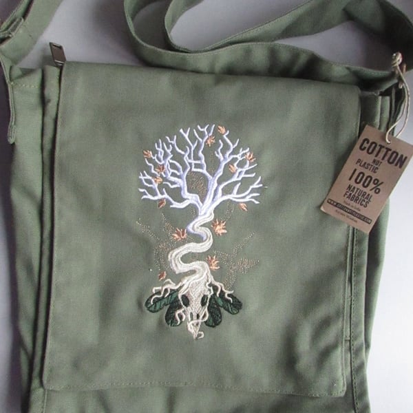 Embroidered Tree and Skull Design Eco Cotton Canvas Bag