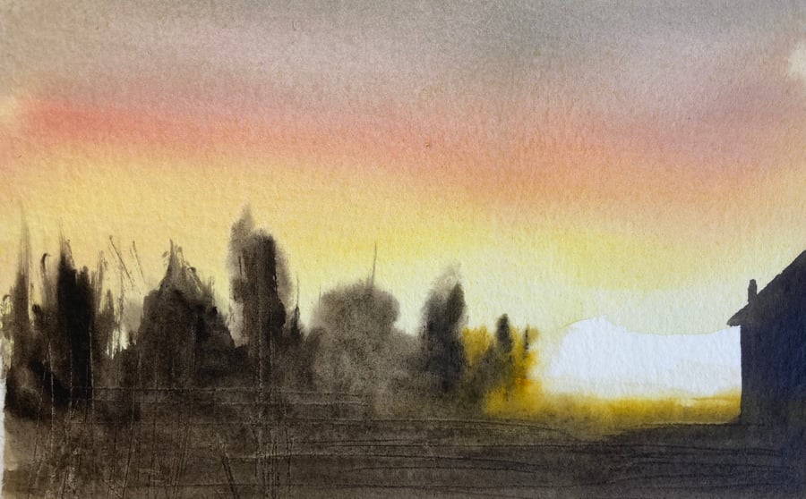 Sunset from my back window (Pure Original Watercolour FULLY MOUNTED 8” x 6”)