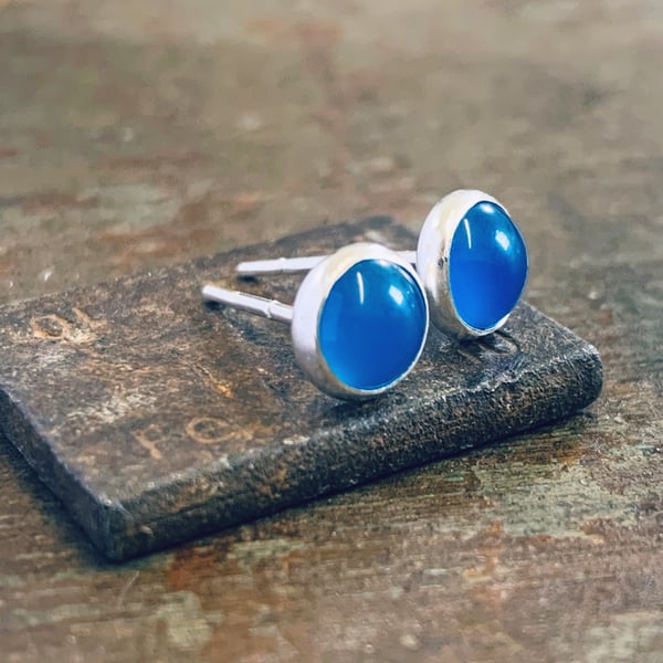 Sterling Silver Blue Agate STUD Earrings, Handmade Urban Jewellery