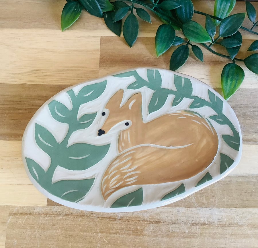 Handmade stoneware sgraffito fox trinket dish