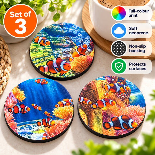 Set of 3 Handmade Clownfish Neoprene Coasters – Colourful Ocean Gift
