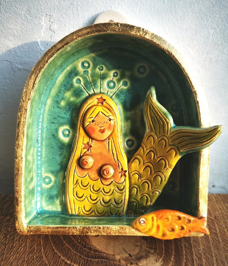 Mermaid cove ceramic wall shrine-mermaid art with starfish