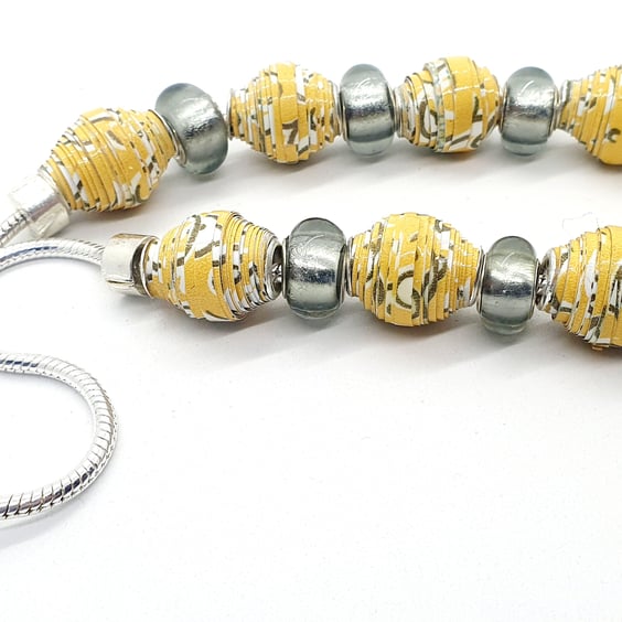 Round yellow paper beads necklace with grey European beads 