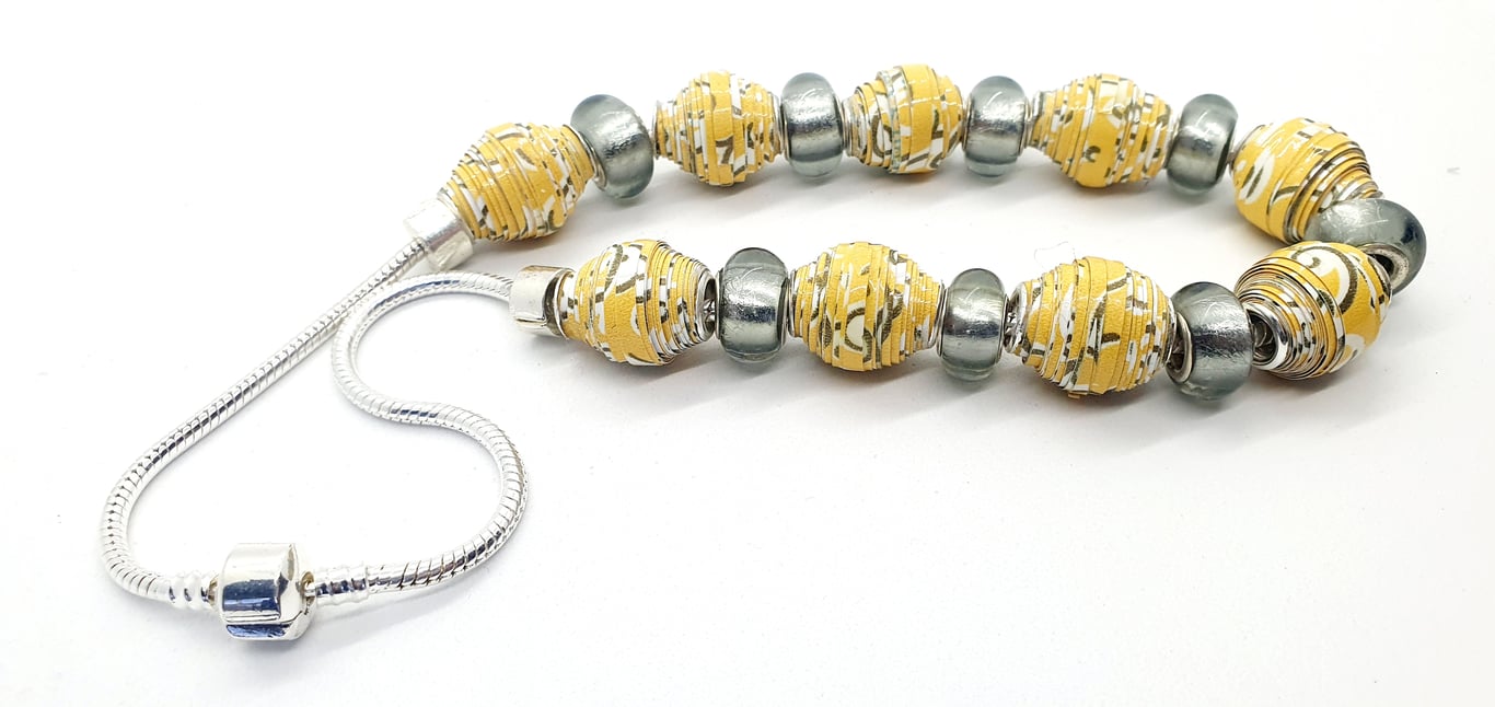 Round yellow paper beads necklace with grey European beads 