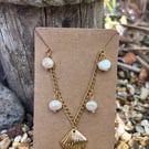 Gold Stainless Steel Chain Necklace With Seashell Pendant and Freshwater Pearl 