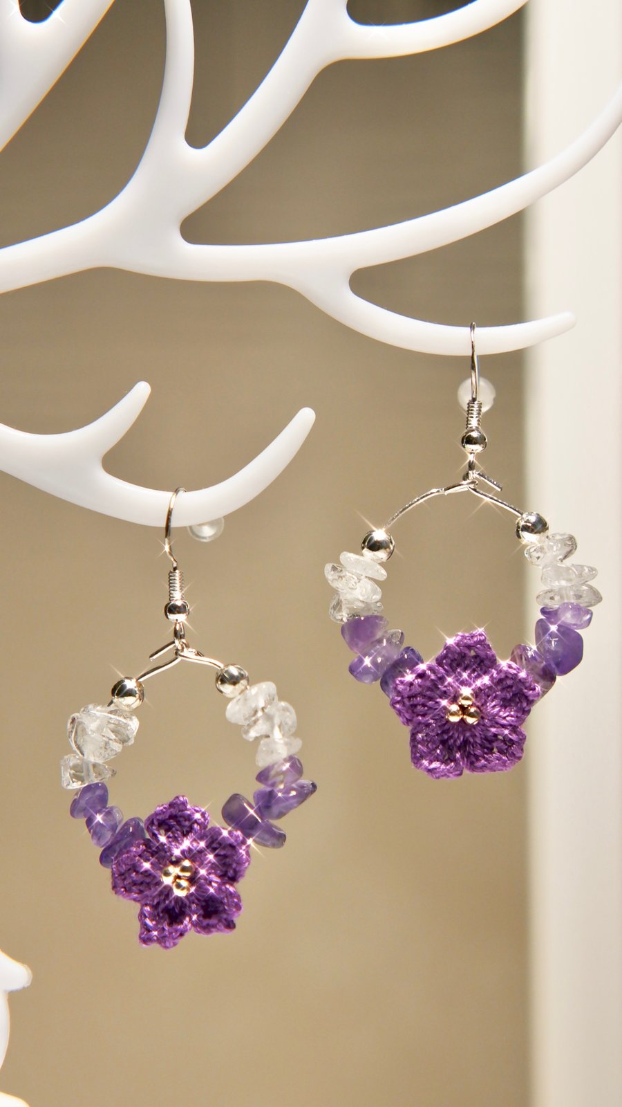 Amethyst chip beads , Clear White Quartz Microcrochet Floral Earrings
