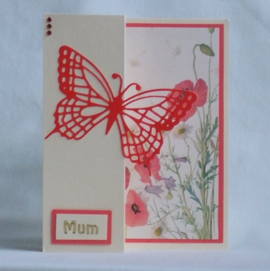 Card for Mothers' Day or Birthday, Red Butterfly with Flowers