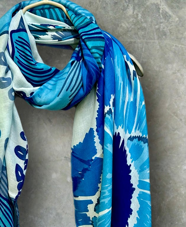 Stunning Blue Scarf Featuring Huge Sketched Flowers for Women,Great Gift for Her