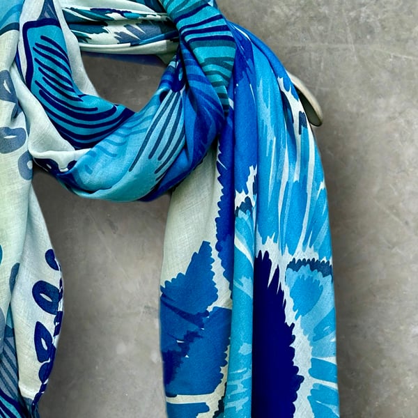 Stunning Blue Scarf Featuring Huge Sketched Flowers for Women,Great Gift for Her