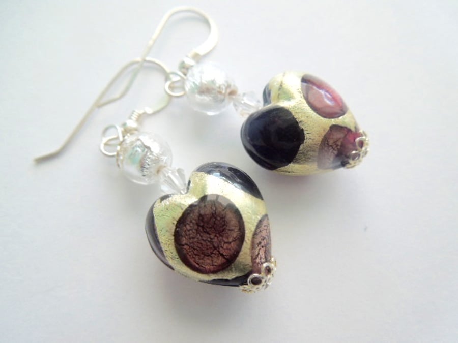 Murano glass silver and purple heart earrings with sterling silver and Swarovski