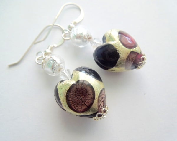Murano glass silver and purple heart earrings with sterling silver and Swarovski