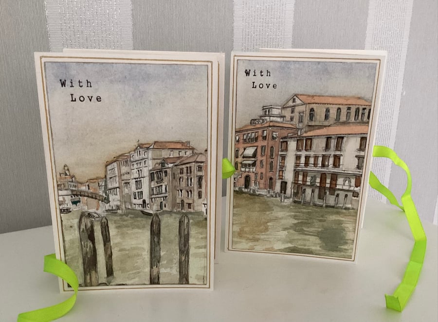 Venice scenes on 3 fold, ribbon tie greetings card