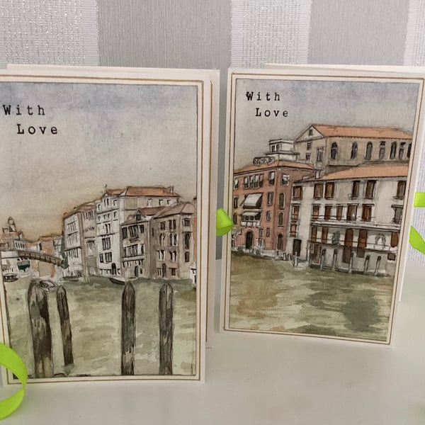 Venice scenes on 3 fold, ribbon tie greetings card