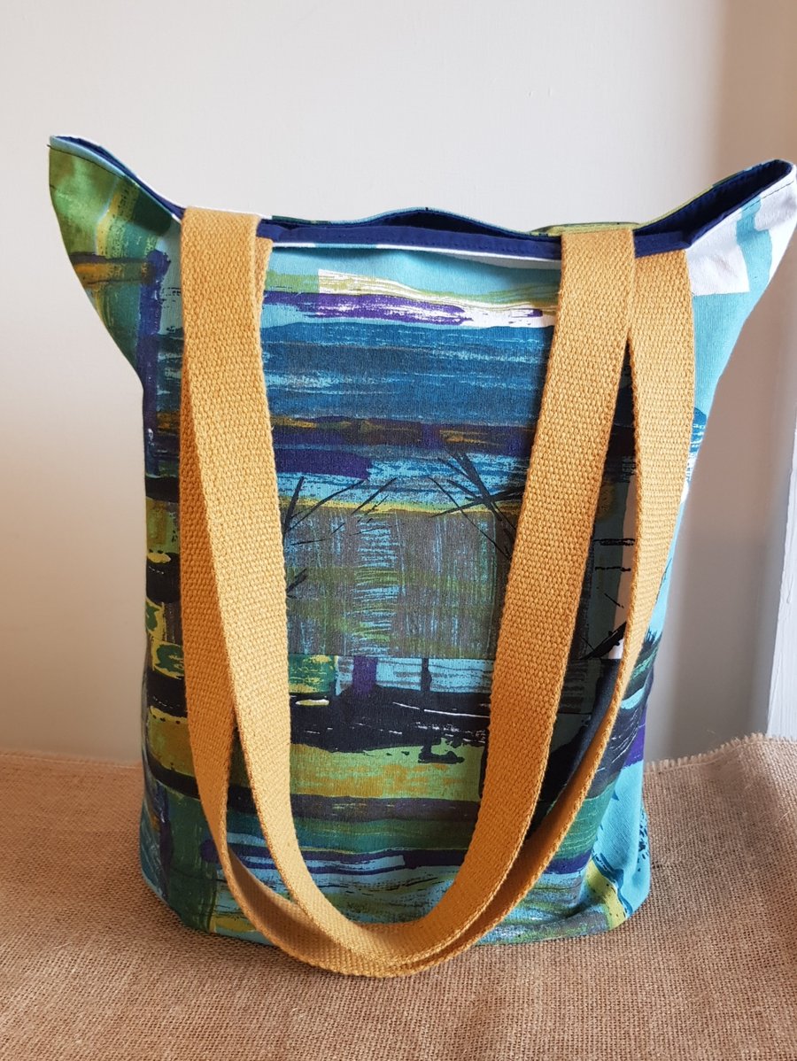 Vintage cotton fabric tote bag with long  handles