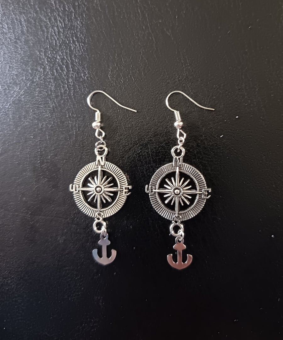 Silver nautical compass and anchor charm dangle earrings 