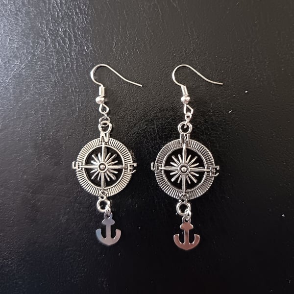 Silver nautical compass and anchor charm dangle earrings 