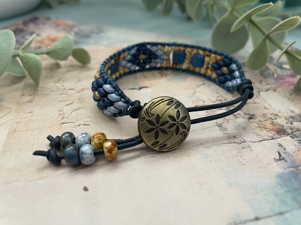 Boho Bracelet ,Boho Beaded leather cuff boho adjustable bracelet 