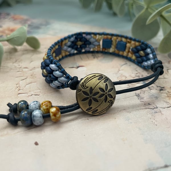 Boho Bracelet ,Boho Beaded leather cuff boho adjustable bracelet 
