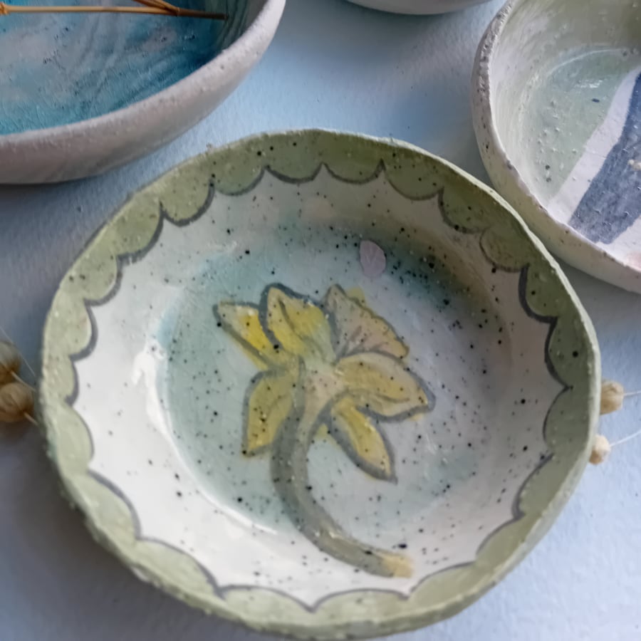 Ceramic trinket dish handpainted rustic earthenware pottery-daffodil