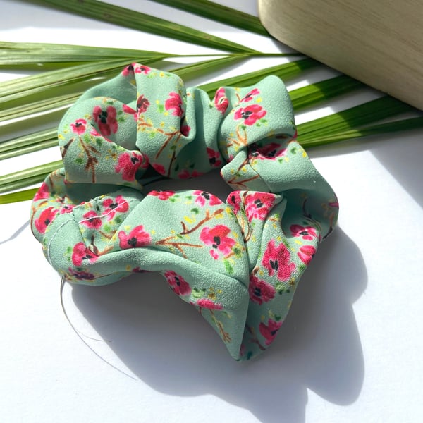 Green and Pink Floral Scrunchies 