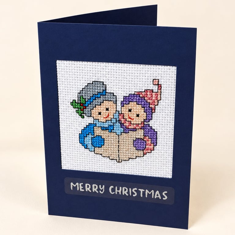Handmade Cross Stitch Christmas Card – Traditional Carol Singers – 6 x 4 Inch
