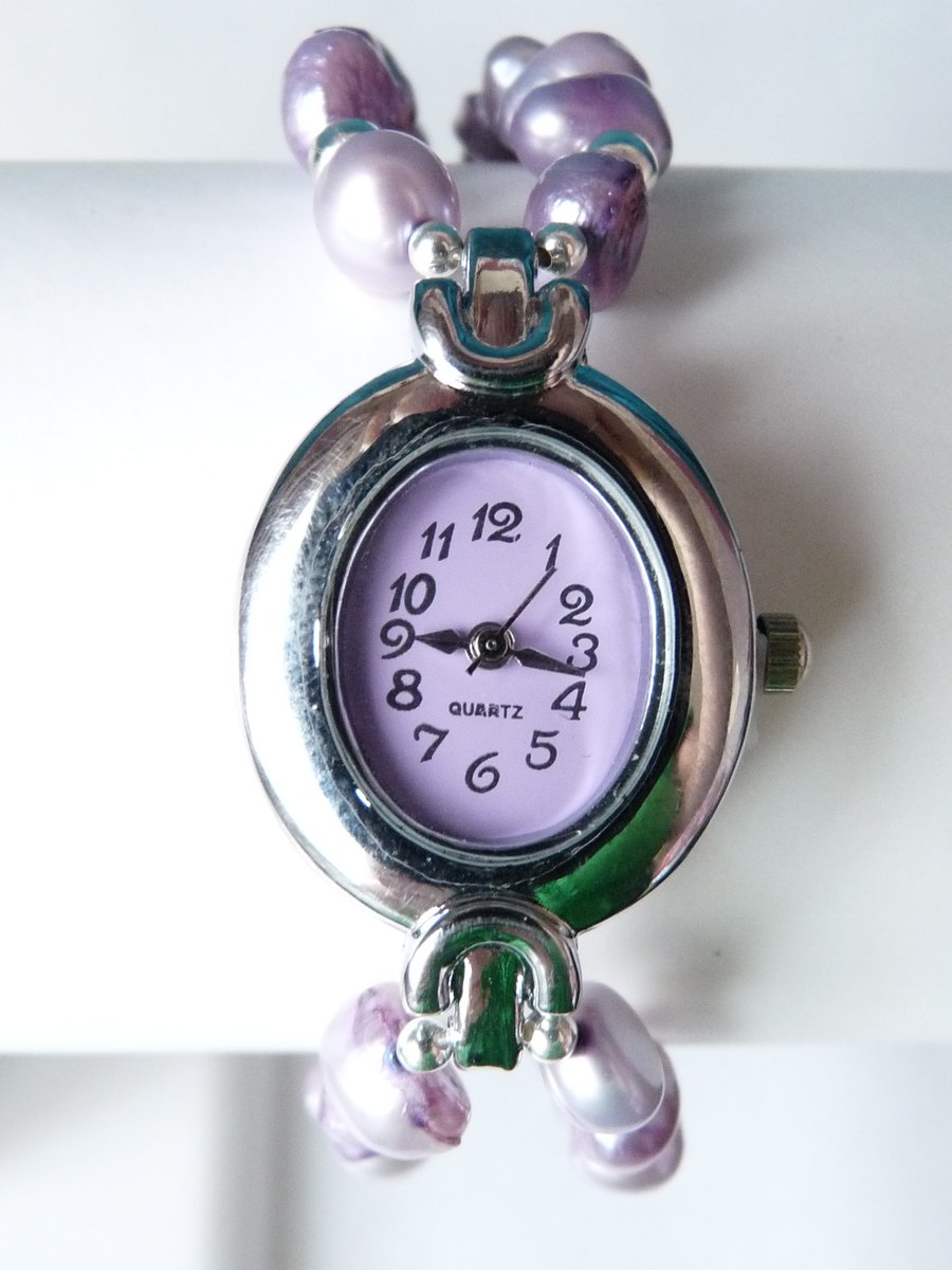 Lilac Baroque Freshwater Pearl Bracelet Style Watch - Handmade - Genuine 