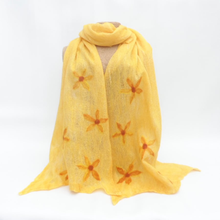 Nuno feted scarf, wool on cotton, yellow with flower detail